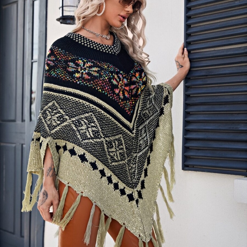 Fringe Hem multi color Sweater Poncho - Picture 4 of 4